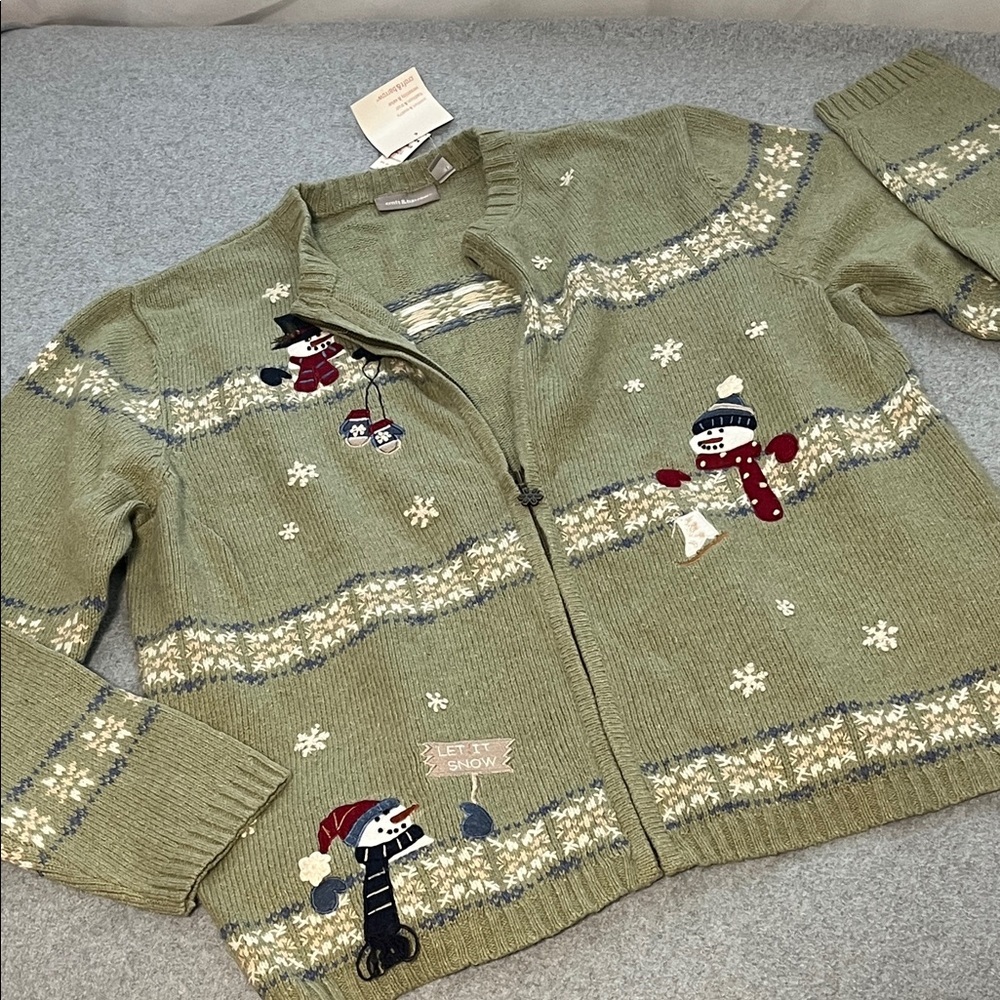 Womens Winter Cardigan Sweater XL Novelty Snowman Snow Fair Isles Grandma New